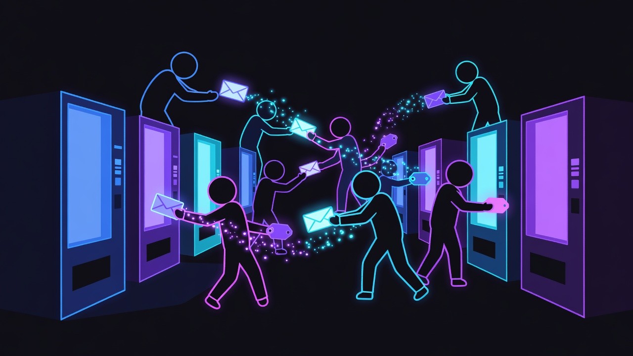 Neon vending machines on a dark street with abstract agent silhouettes trading luminous deals