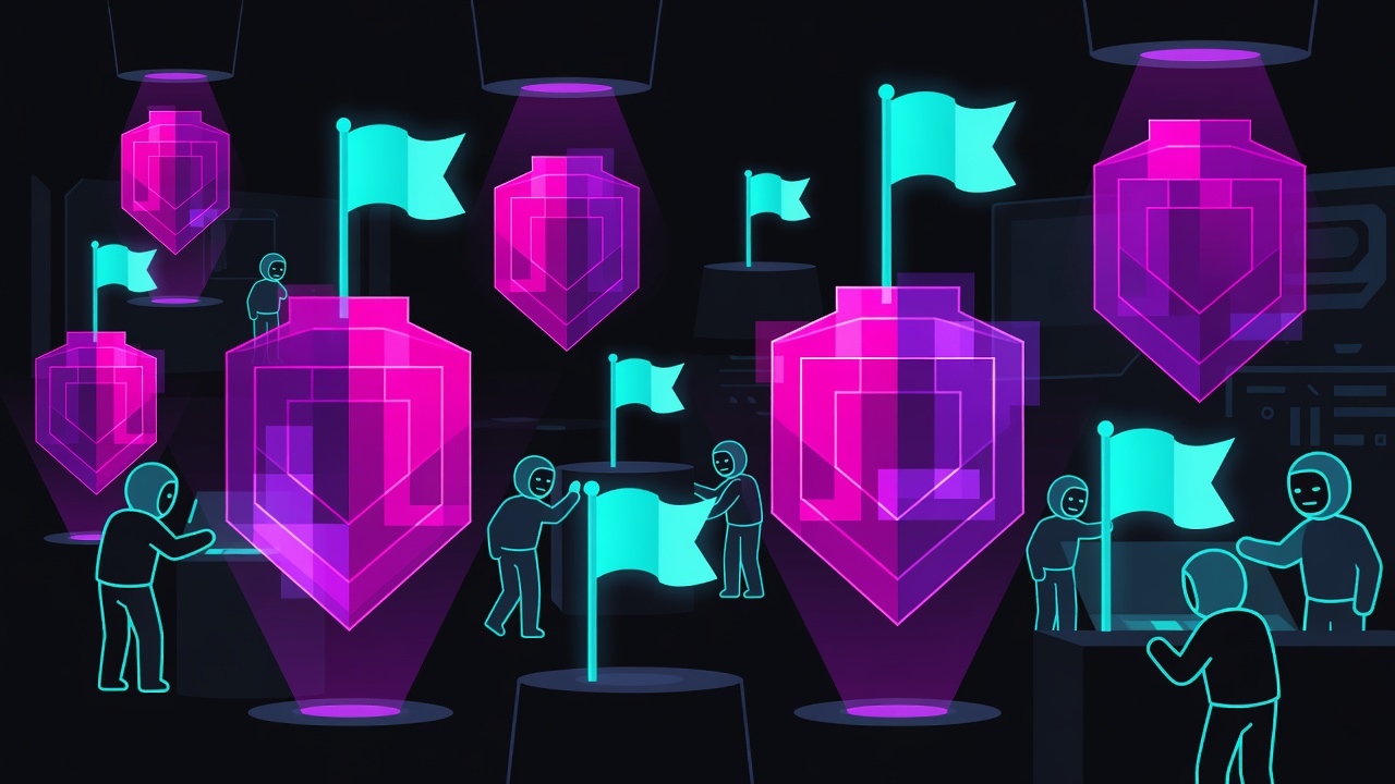 Neon cybersecurity control room with holographic firewalls and glowing capture-the-flag markers