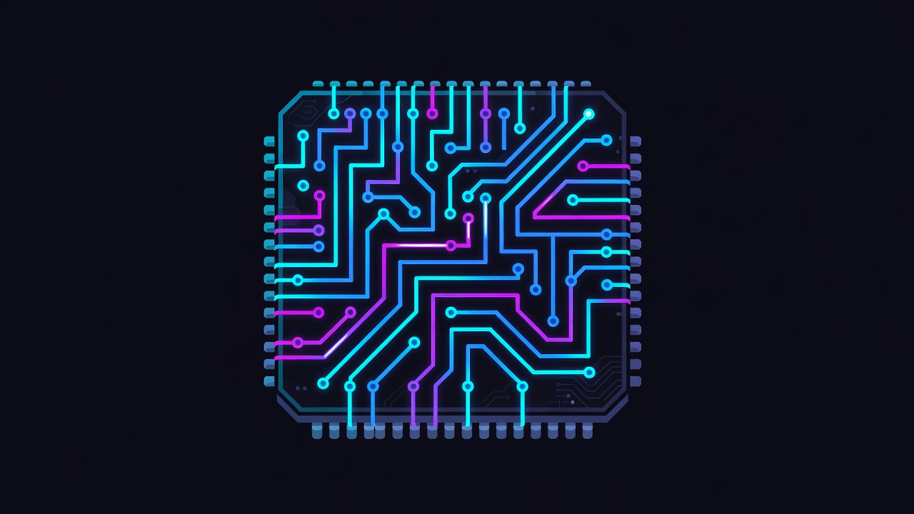 Close-up neon chip die with maze-like glowing traces on dark silicon