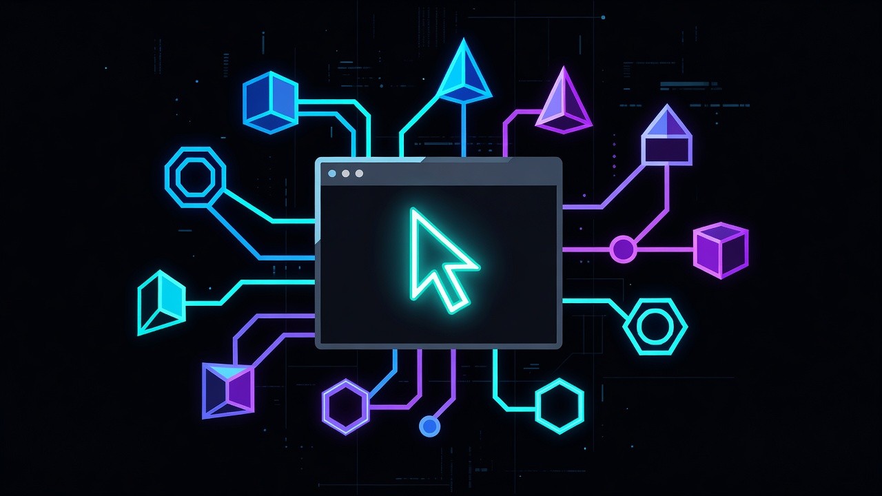 Neon terminal workspace with abstract multi-agent workflow nodes on a dark cyberpunk background