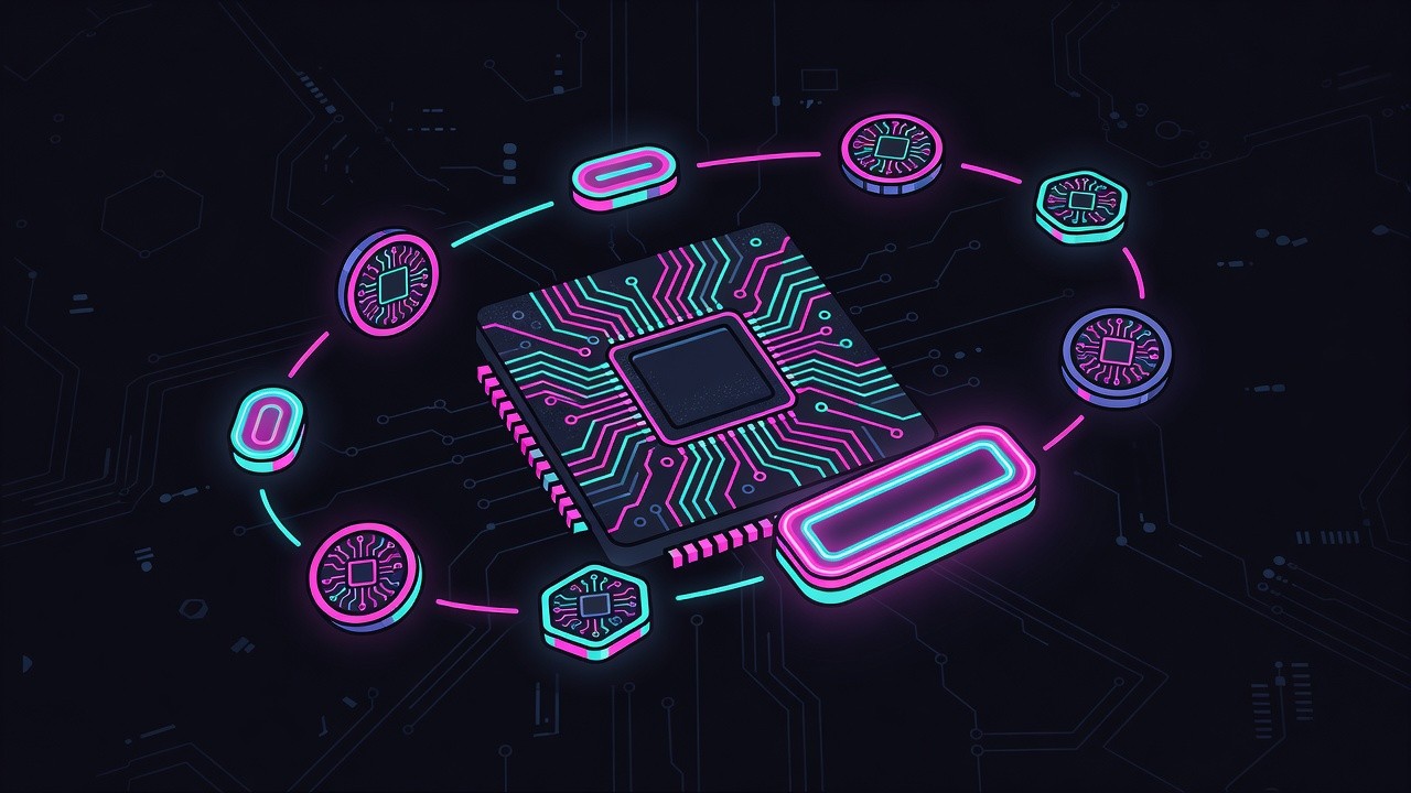 Close-up neon identity keychip and credential tokens orbiting a dark circuit die