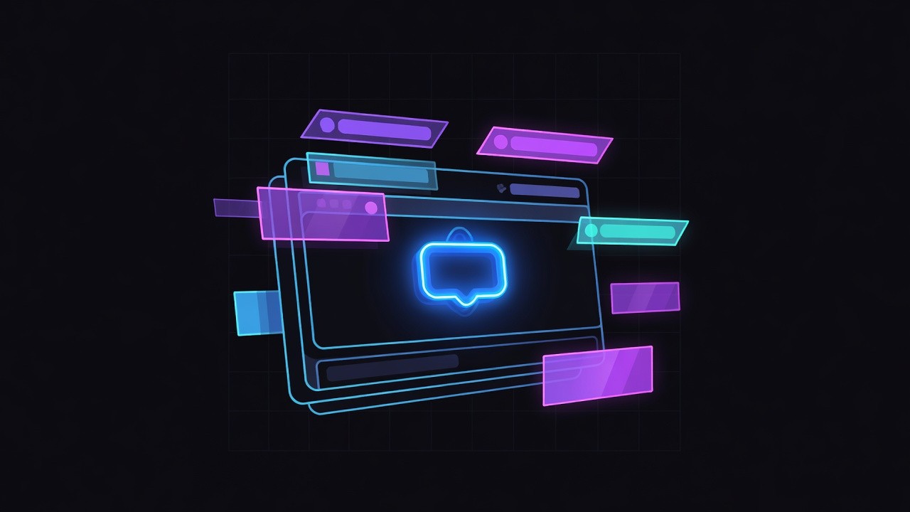 Neon chatbot disclosure badge over synthetic media tiles in dark tech UI