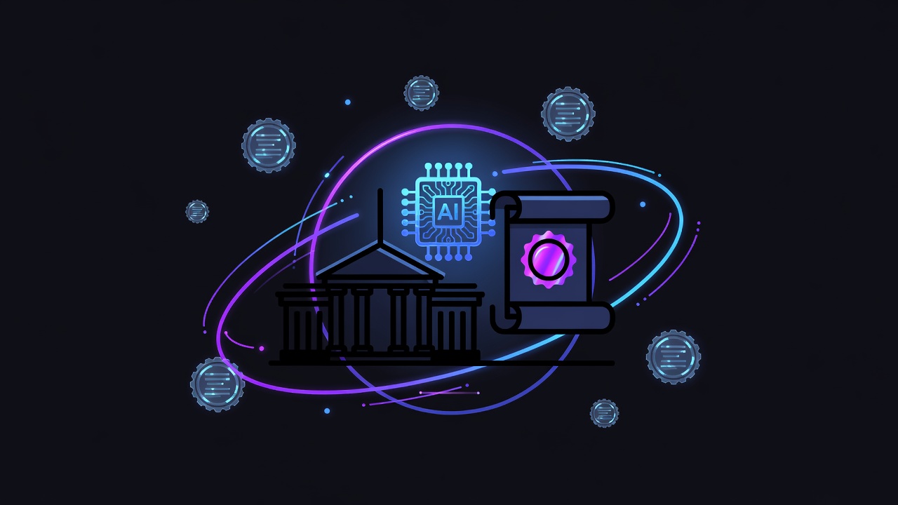 Neon policy framework seals and AI chip meeting government silhouette