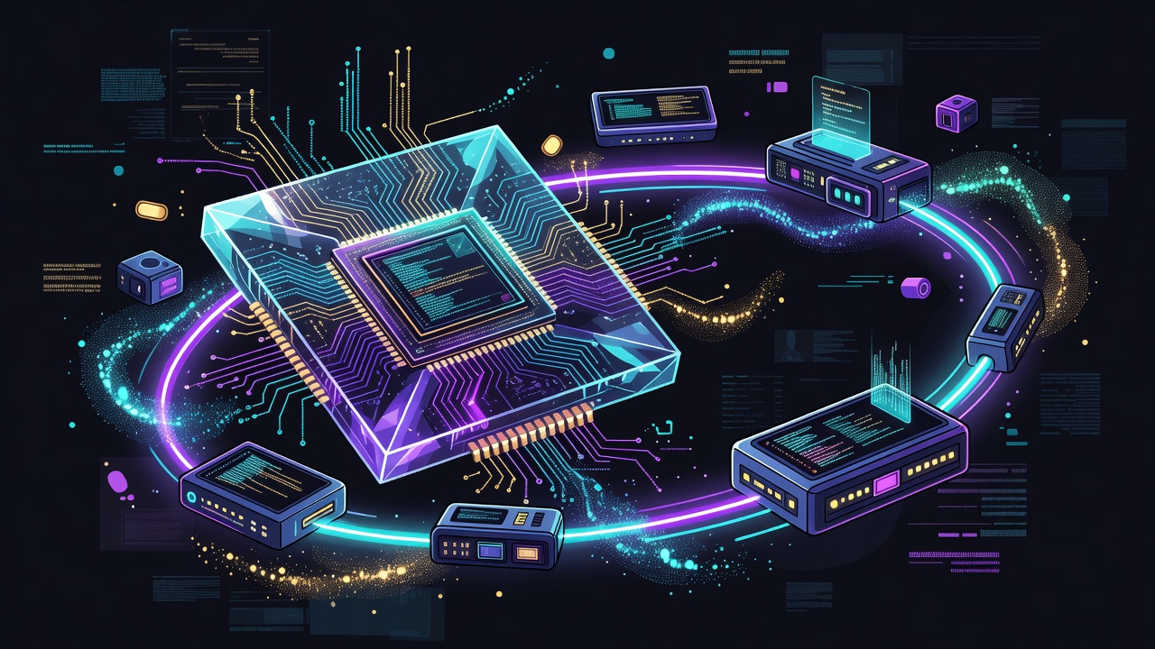Crystalline open-weight chip die with autonomous coding agent terminals in neon torus