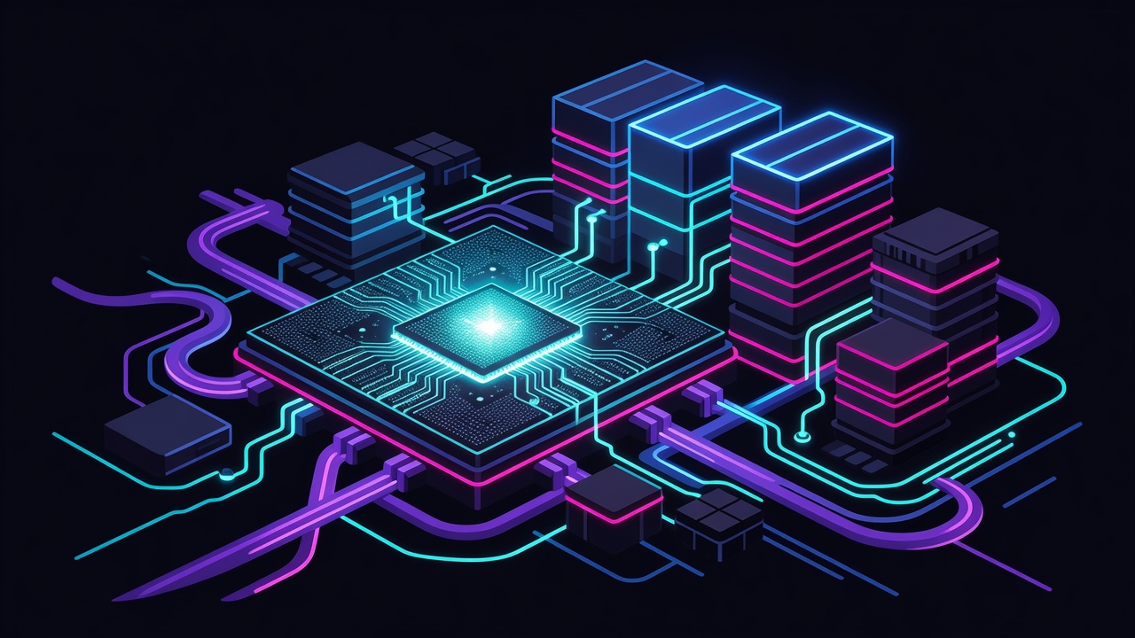Neon cartoon GPU die and HBM stacks glowing on a dark tech board