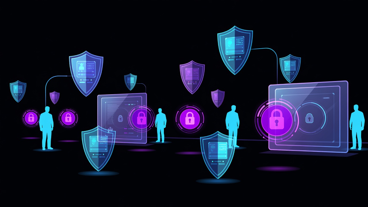 Abstract multi-agent security shields and permission barriers in neon dark void