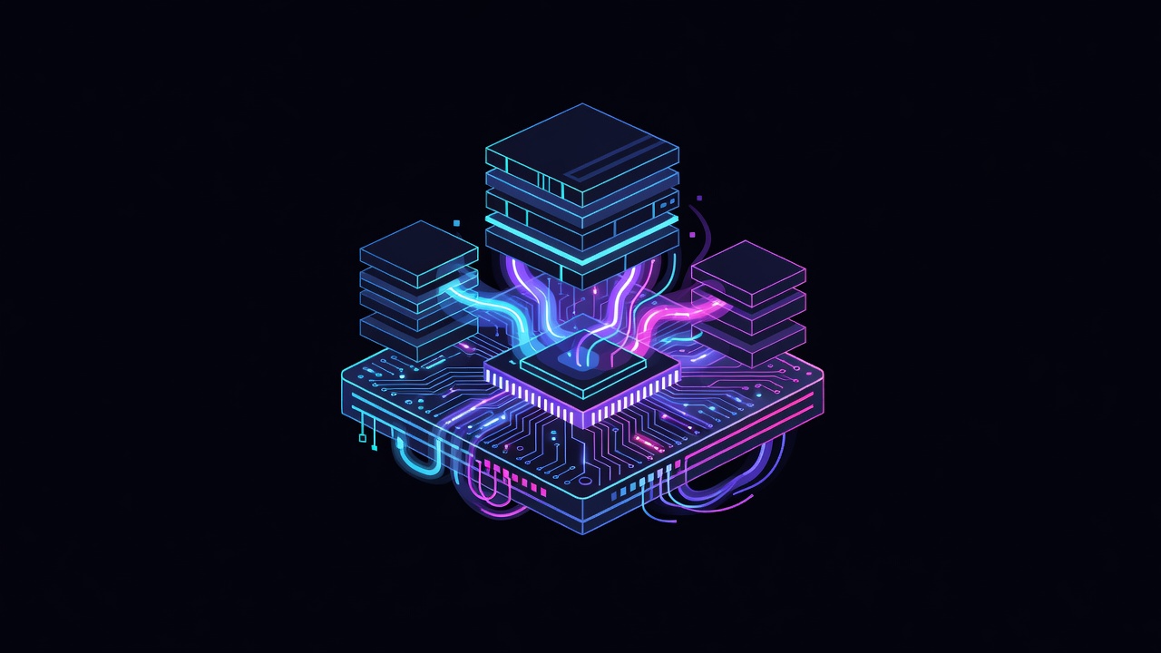 Neon cartoon chip die with glowing cyan and purple silicon traces