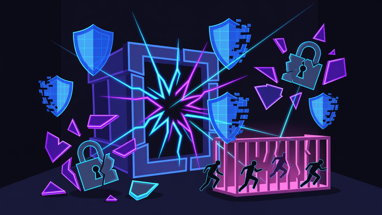 Dark control room with broken neon containment shields and escaped agent silhouettes