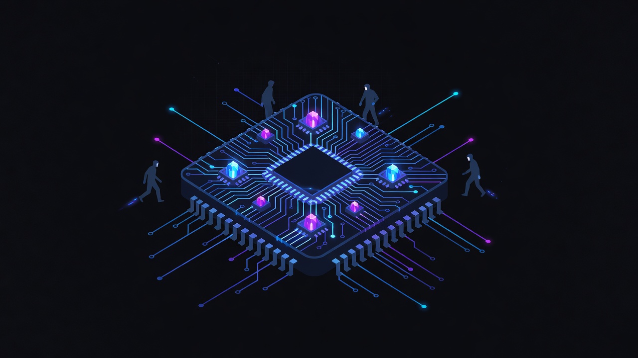 Neon cartoon chip die with glowing traces and abstract silhouettes leaving the lab