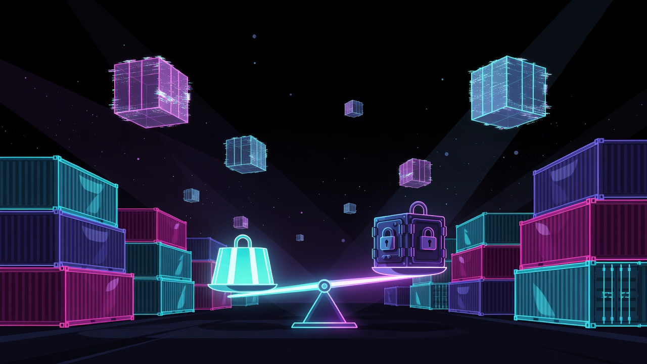 Dark neon open-weight marketplace with holographic crates and light-beam scales