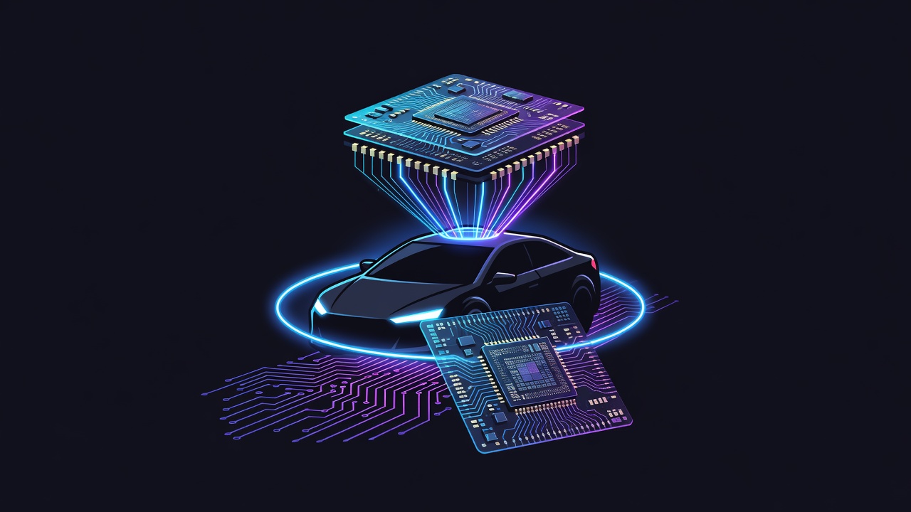Neon cartoon robotaxi with sensor ring and floating teacher chip over circuit road