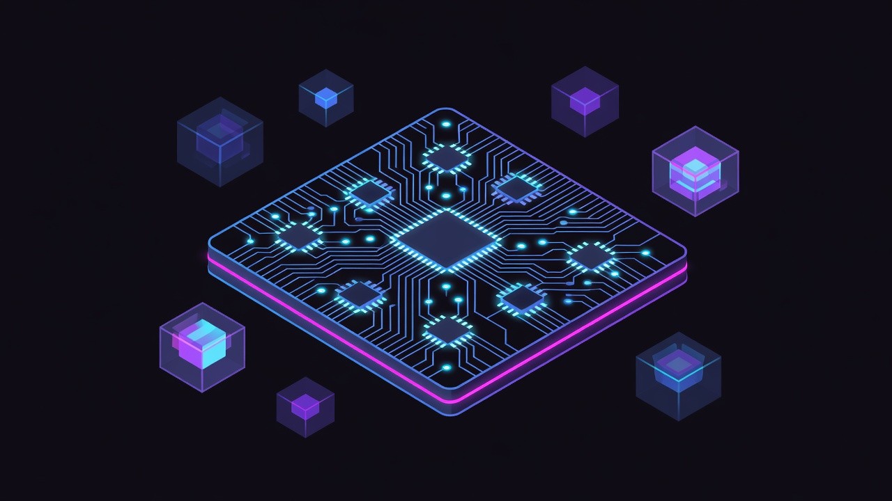 Neon cartoon chip die with sandboxed browser engine blocks and crystalline isolation cubes