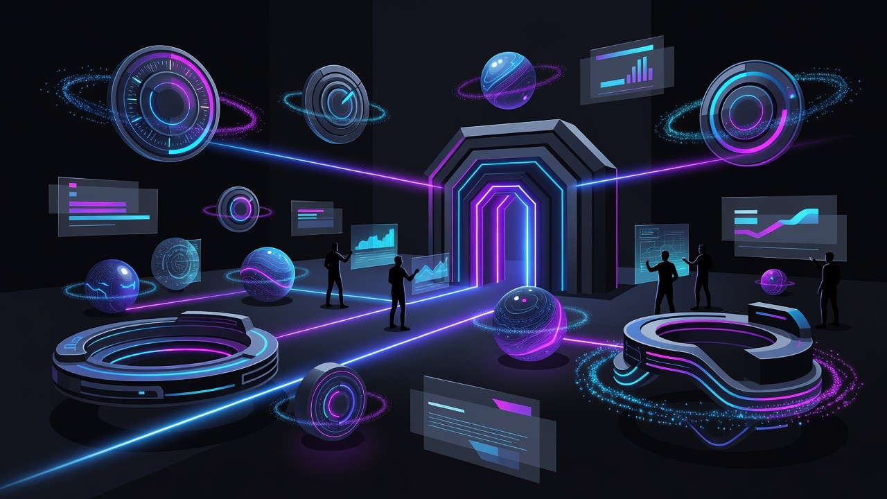 Dark control room with neon cost routing orbs and gateway toroids for multi-model spend