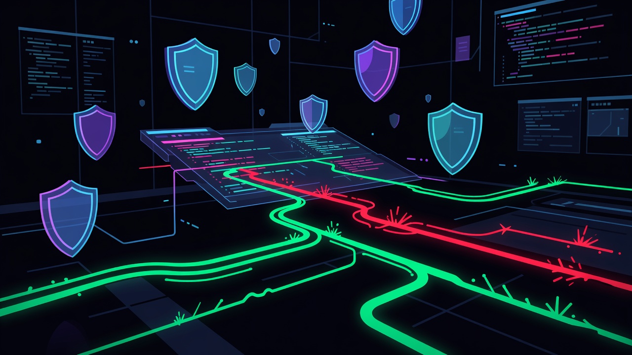 Neon dark tech coding agent terminal with classifier permission shields