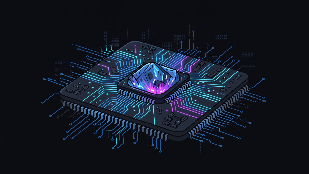 Close-up glowing chip die crystalline AI core semiconductor aesthetic