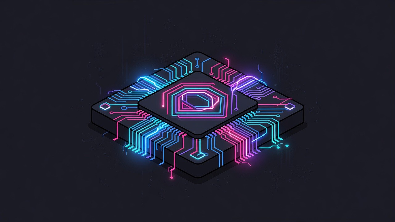 Neon chip die with glowing shield-pattern traces