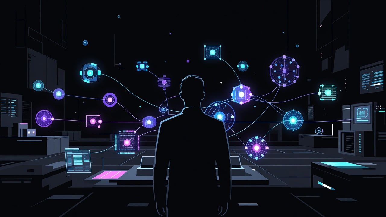 Human overseeing holographic multi-agent nodes in dark office