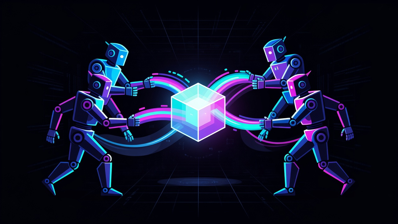 Abstract multi-agent figures exchanging neon data around open cube