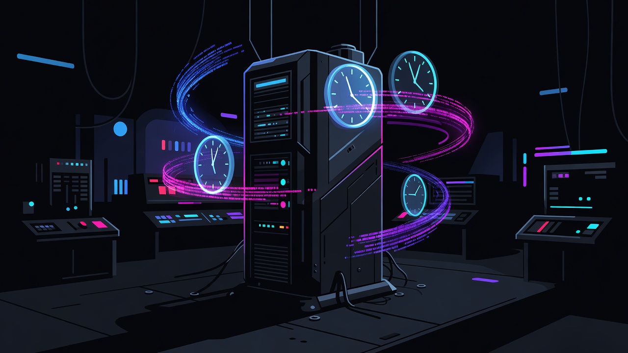 Dark control room with holographic clocks and price ticker particles