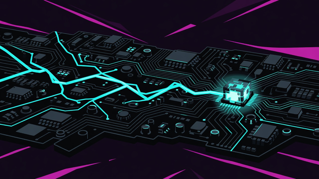 Neon circuit traces forming a lightning path into a glowing server cube
