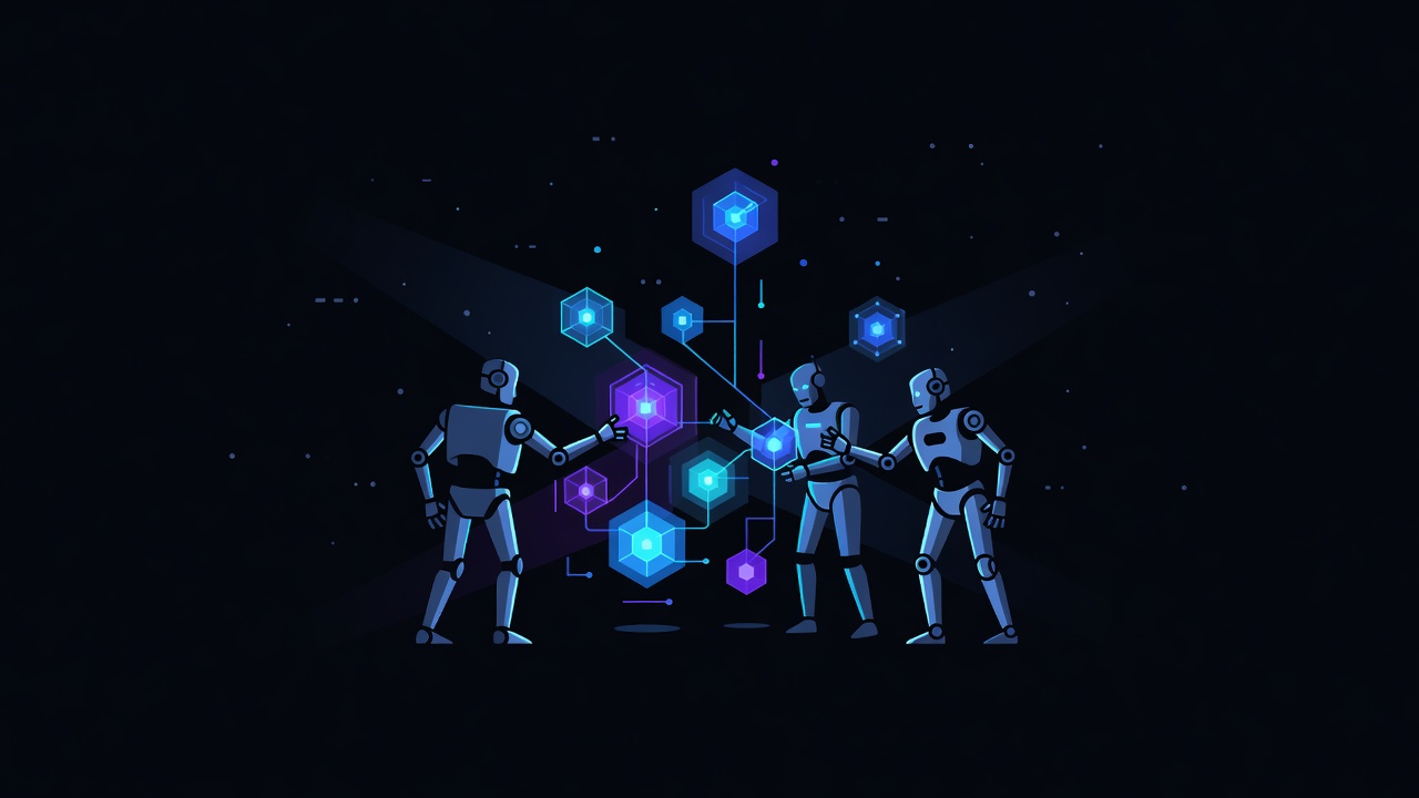 Abstract multi-agent figures collaborating around holographic workflow nodes