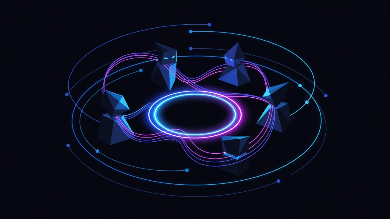 Abstract multi-agent figures around a neon message ring with asynchronous signal threads