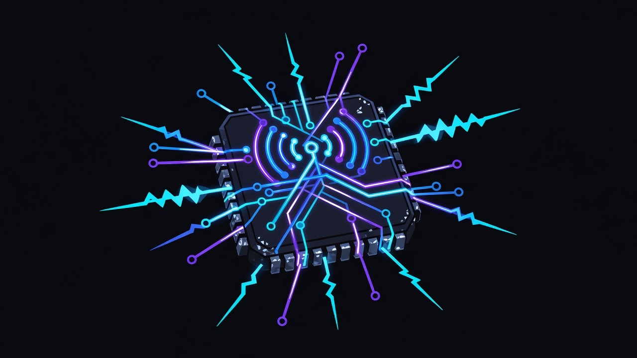 Close-up neon circuit antenna lattice on a dark chip die with cyan signal pulses