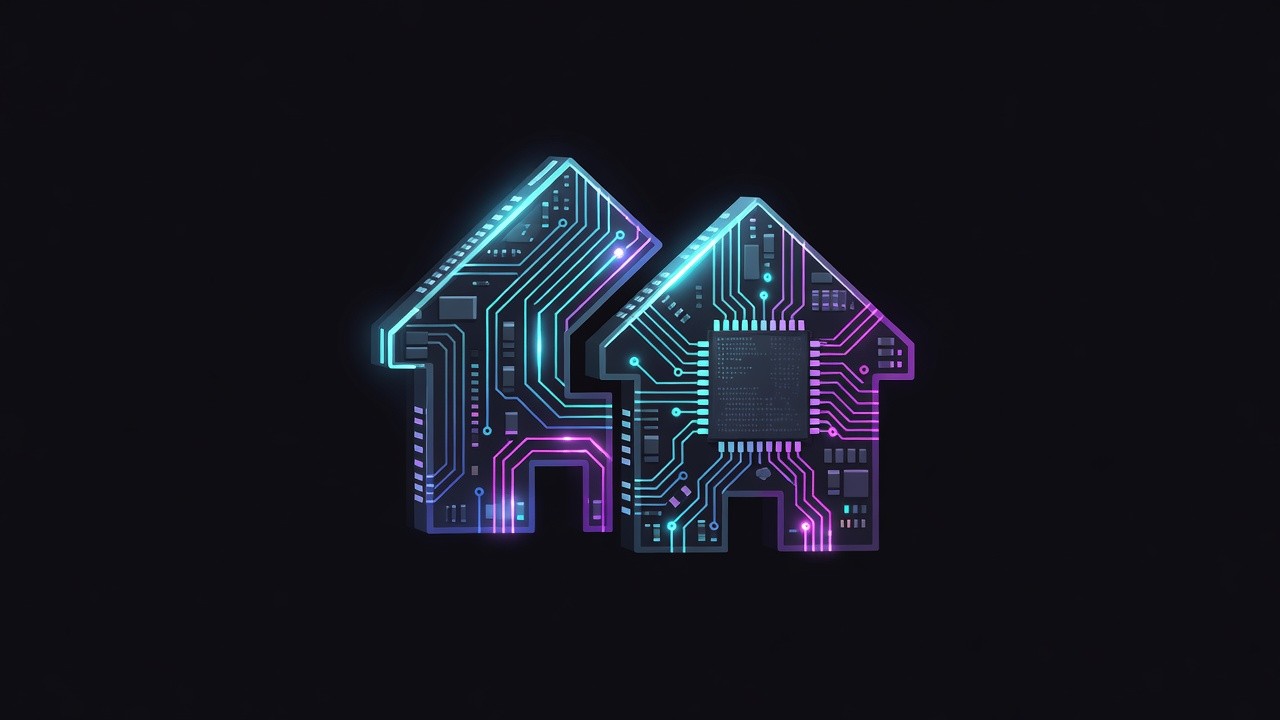 Close-up neon custom AI chips interlocking as TPU-attach silicon
