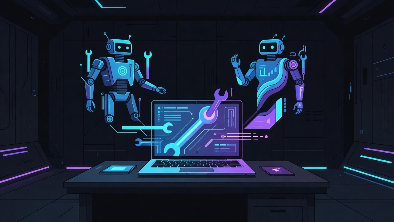 Laptop workstation with abstract SWE and data-analyst agents in a dark control room