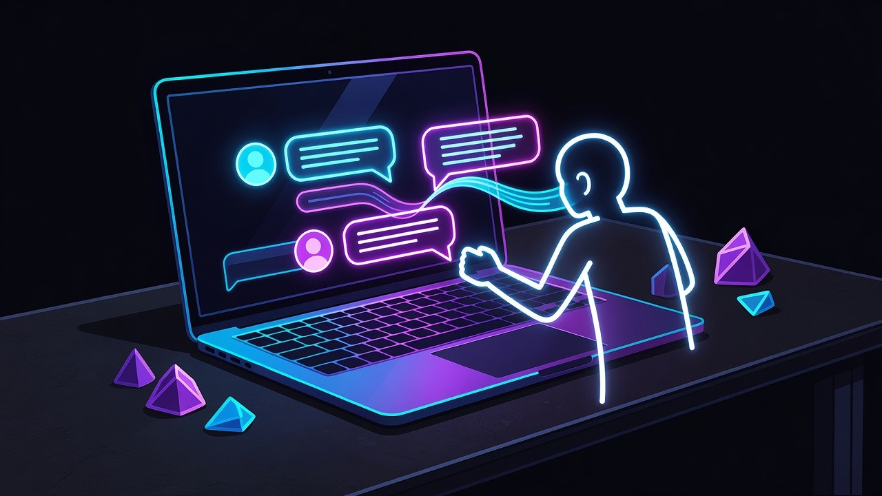 Mac workstation with holographic message threads and a coding-agent silhouette
