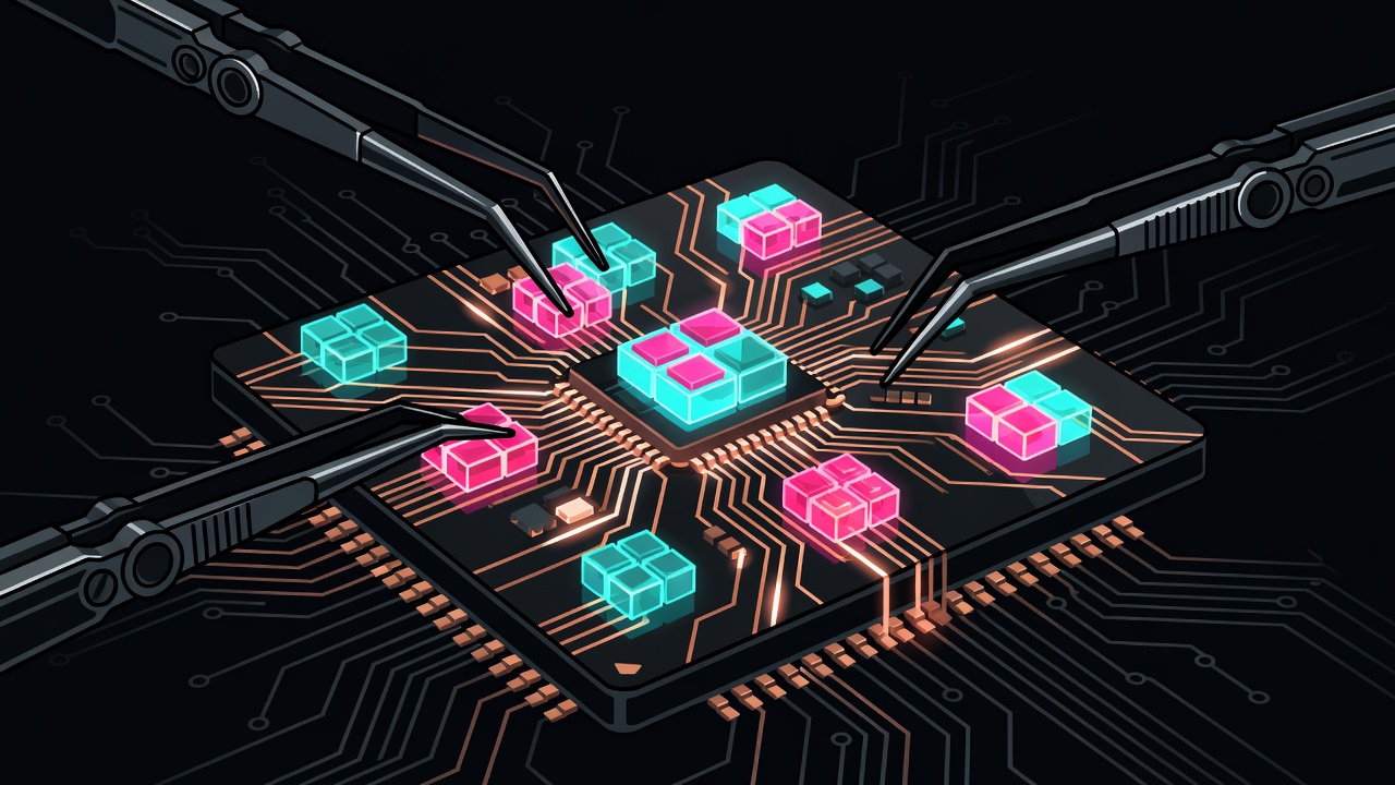 Close-up neon GPU die with kernel blocks being rearranged