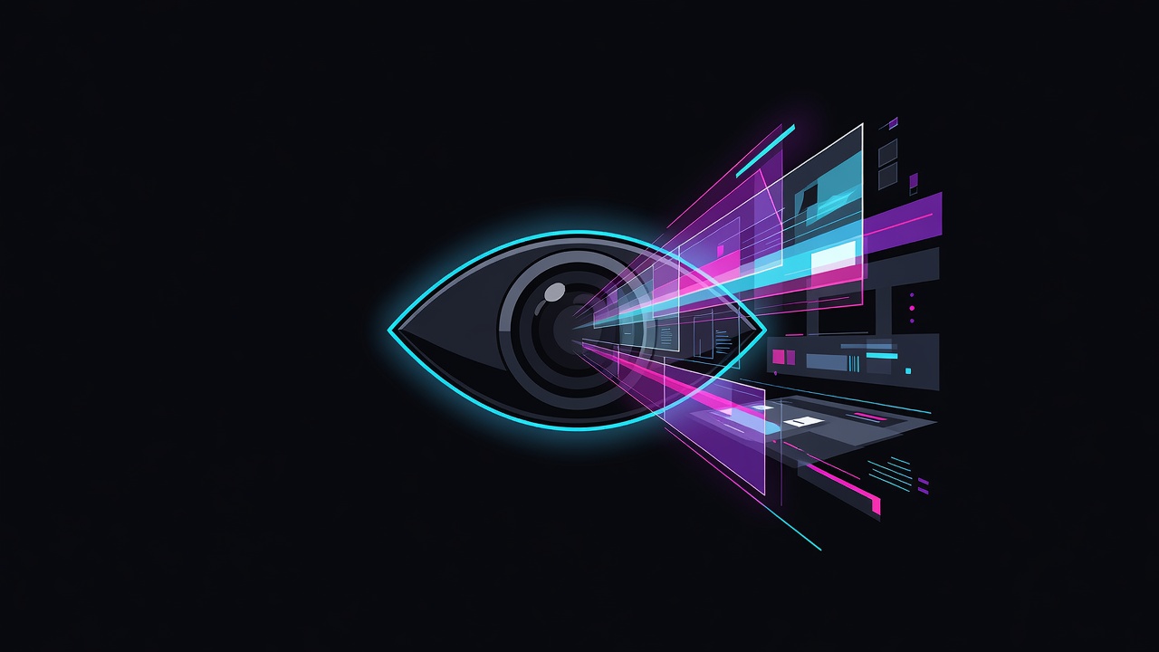 Stylized vision lens projecting holographic image planes into an agent workspace