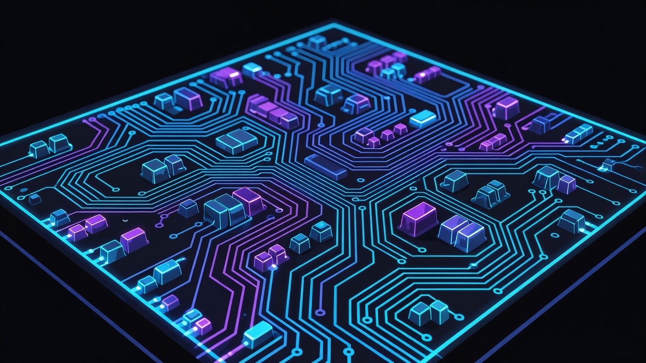 Close-up neon chip die with maze-like traces