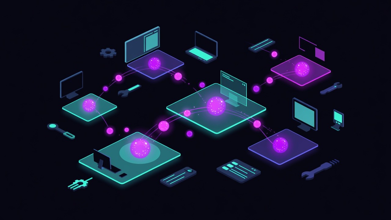 Abstract agents exchanging glowing orbs across holographic planes