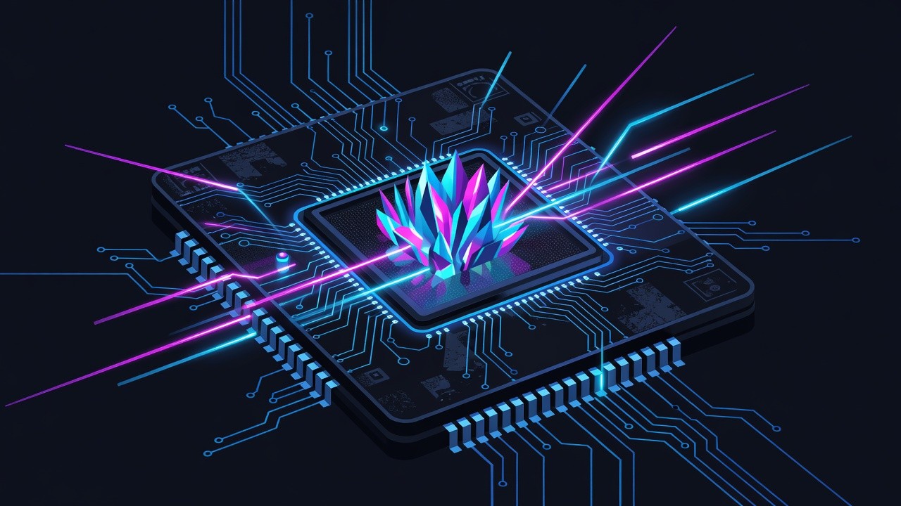 Close-up neon camera-sensor chip die with glowing traces