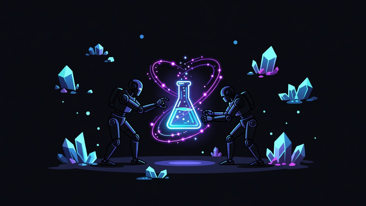 Two abstract agents collaborating around a holographic flask