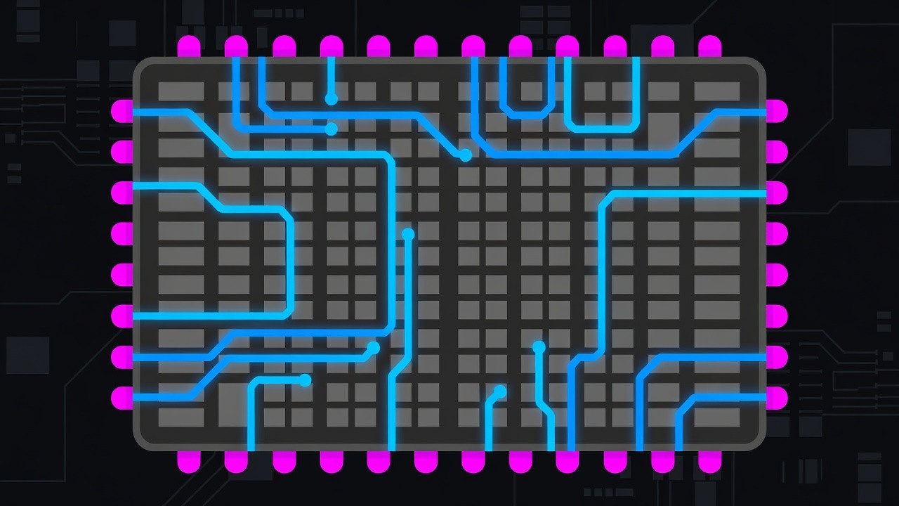 Close-up neon SRAM chip die with glowing traces
