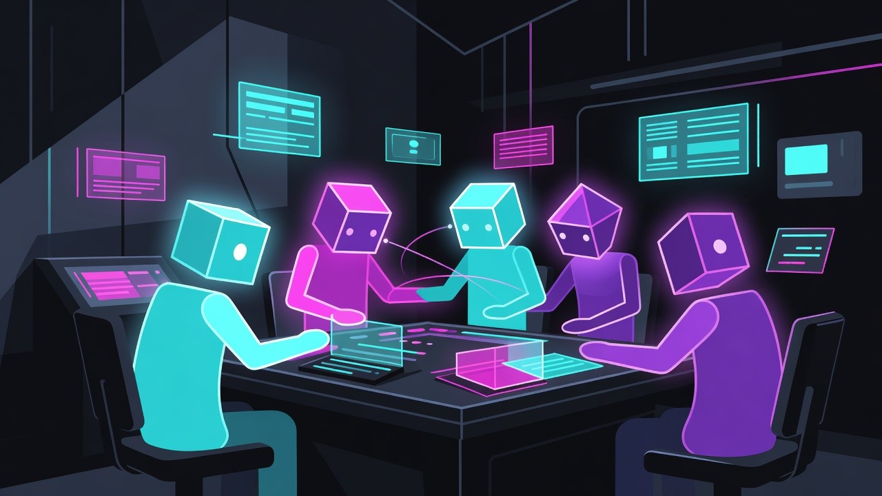 Abstract local AI agents around a neon workstation