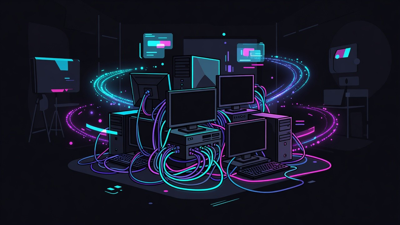 Clustered desktops linked by neon cables in a dark studio