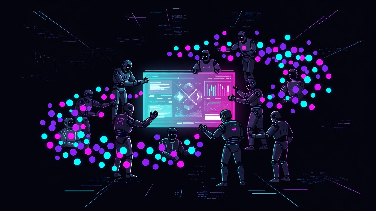 Abstract agent swarm around a holographic message board