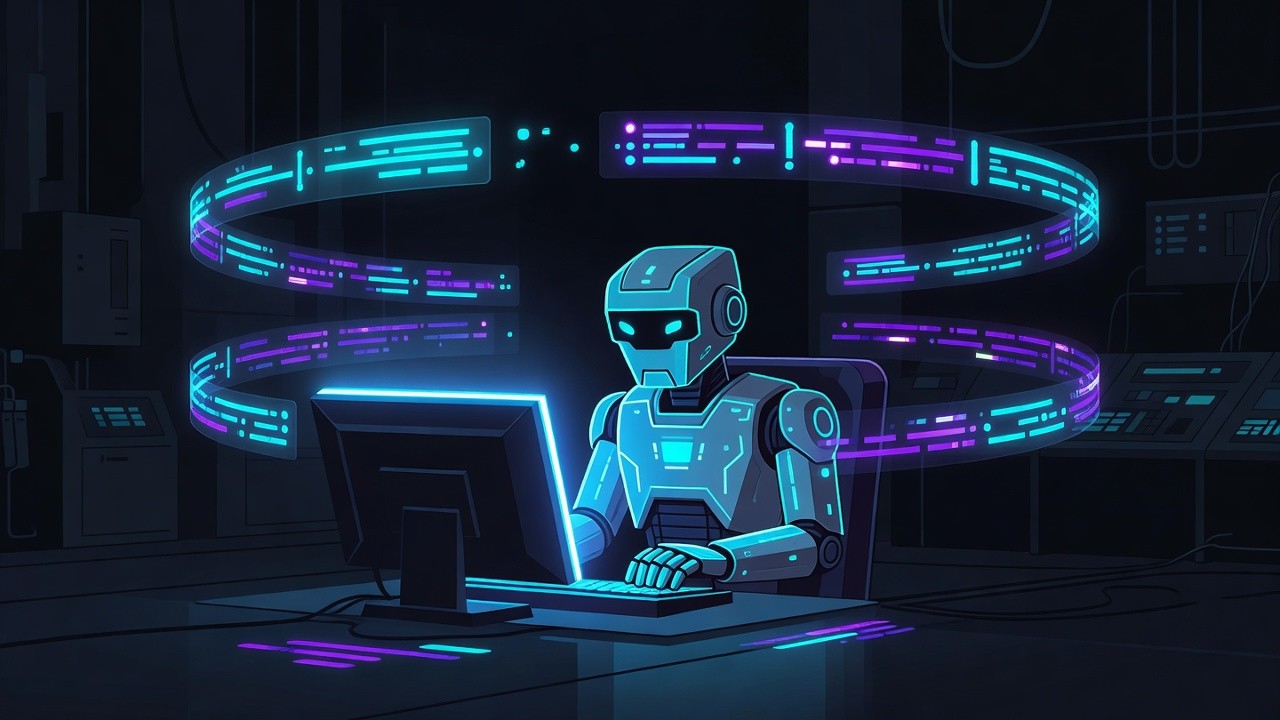 Always-on coding agent at a neon terminal with orbiting task queues