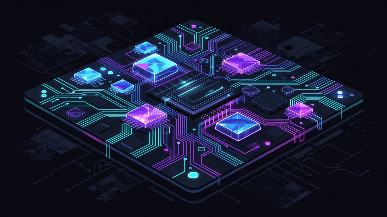 Close-up of a glowing chip die with neon traces