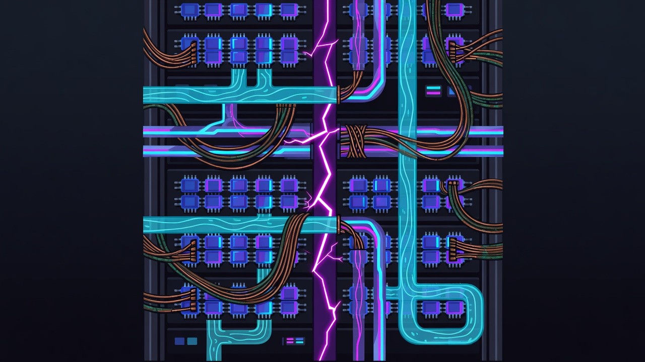 Neon cartoon of a dense AI rack with glowing chip dies, photonic traces, and a magenta power spine