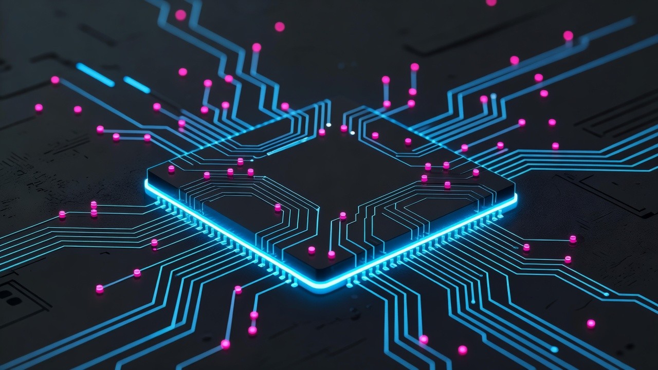 Stylized neon chip die with glowing cyan traces