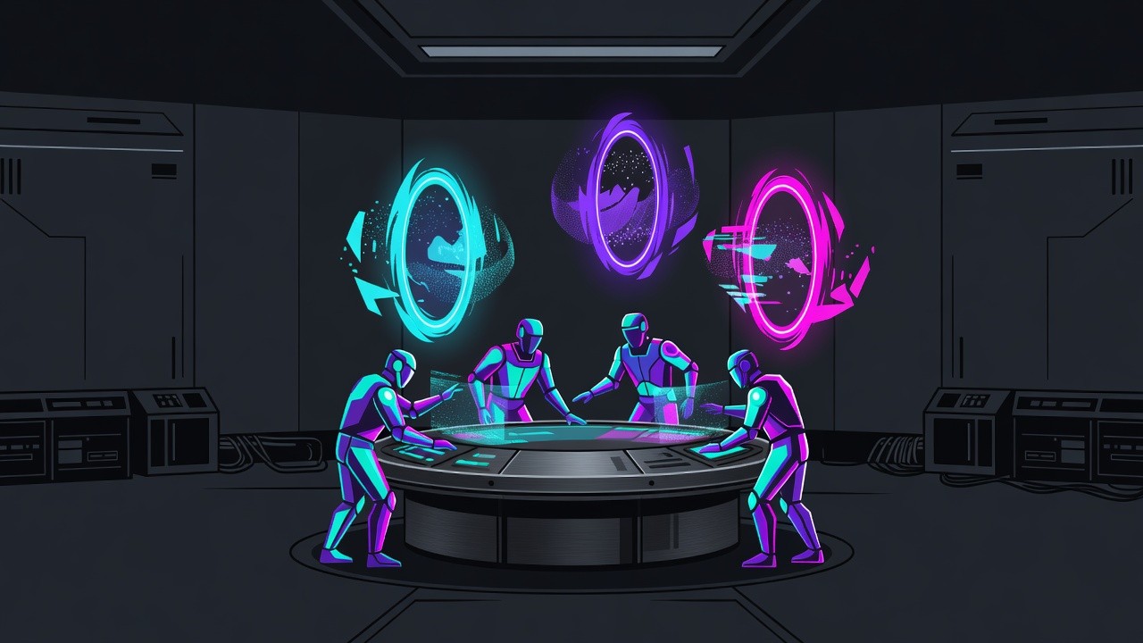Dark control room with three holographic agent portals