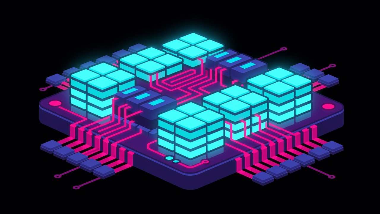 Stylized neon chip die with stacked cache tiles