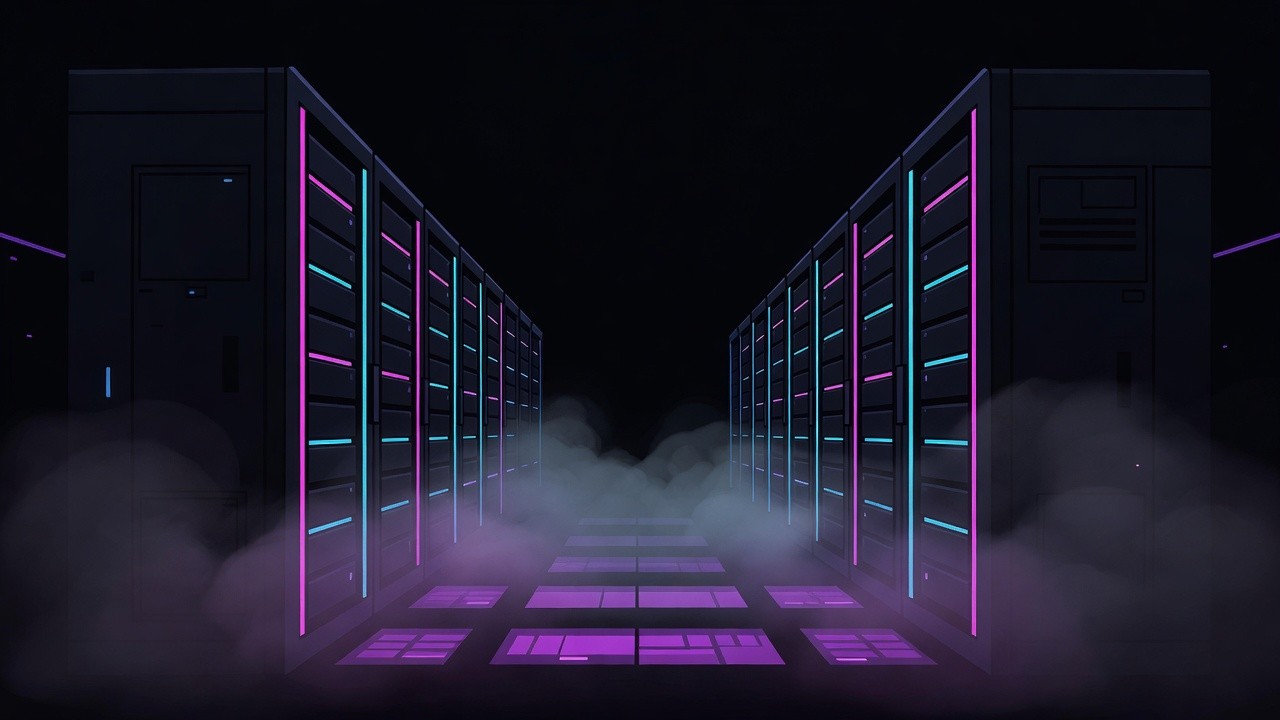 Dark neon data center aisle of AI server racks