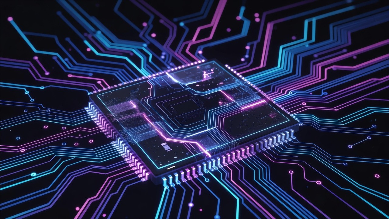 Close-up of a neon-lit silicon chip die with glowing circuit traces