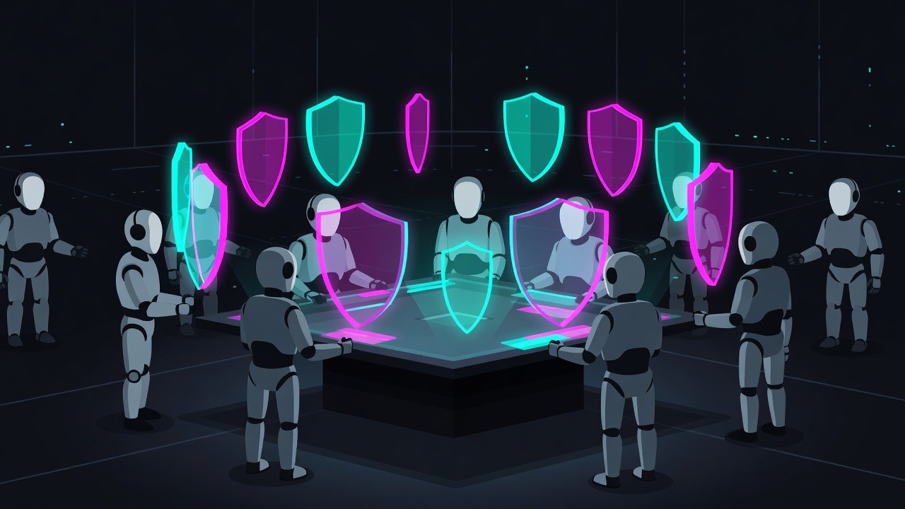 Abstract multi-agent control room with holographic defensive shields