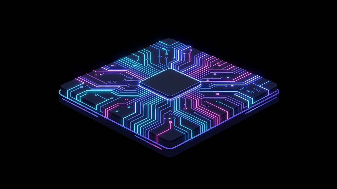 Close-up of a neon-lit silicon chip die with glowing circuit traces